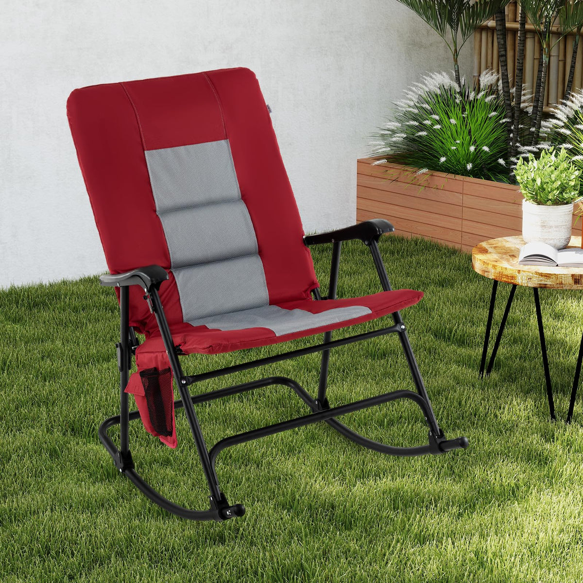 Oversized Folding Rocking Chair �� Padded Patio Lounge with Metal Frame & Side Pocket
