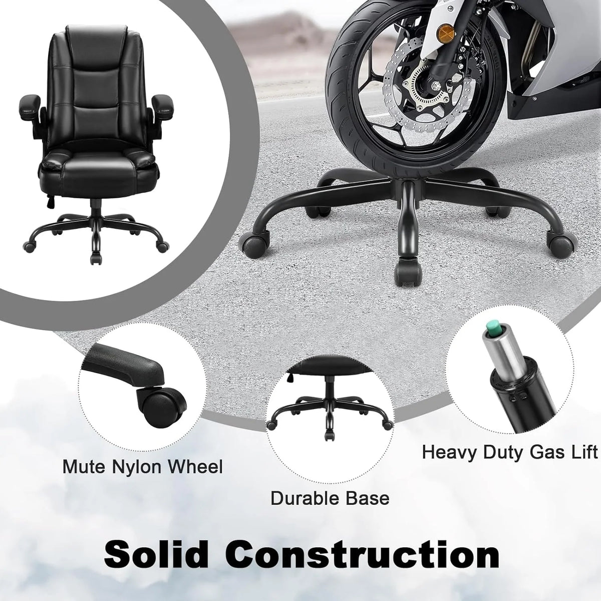 Big and Tall Ergonomic Office Chair, High Back Leather Executive Computer Chair with Padded Flip-Up Arms