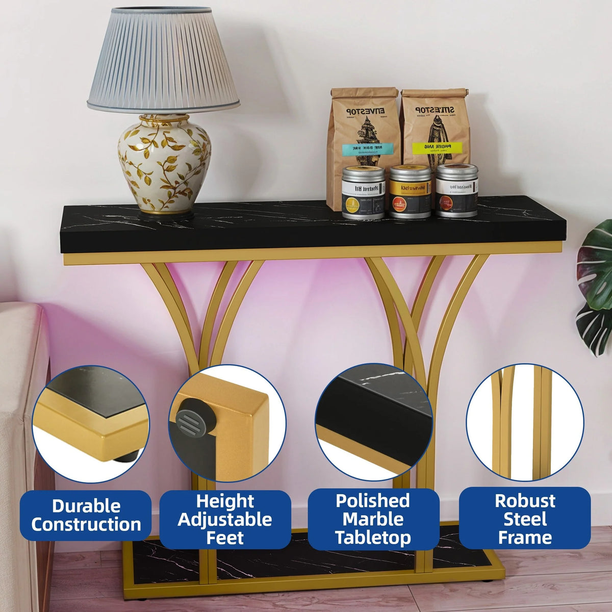 Modern Gold Console Table with Marbled Top, Sofa Table for Entryway and Hallway