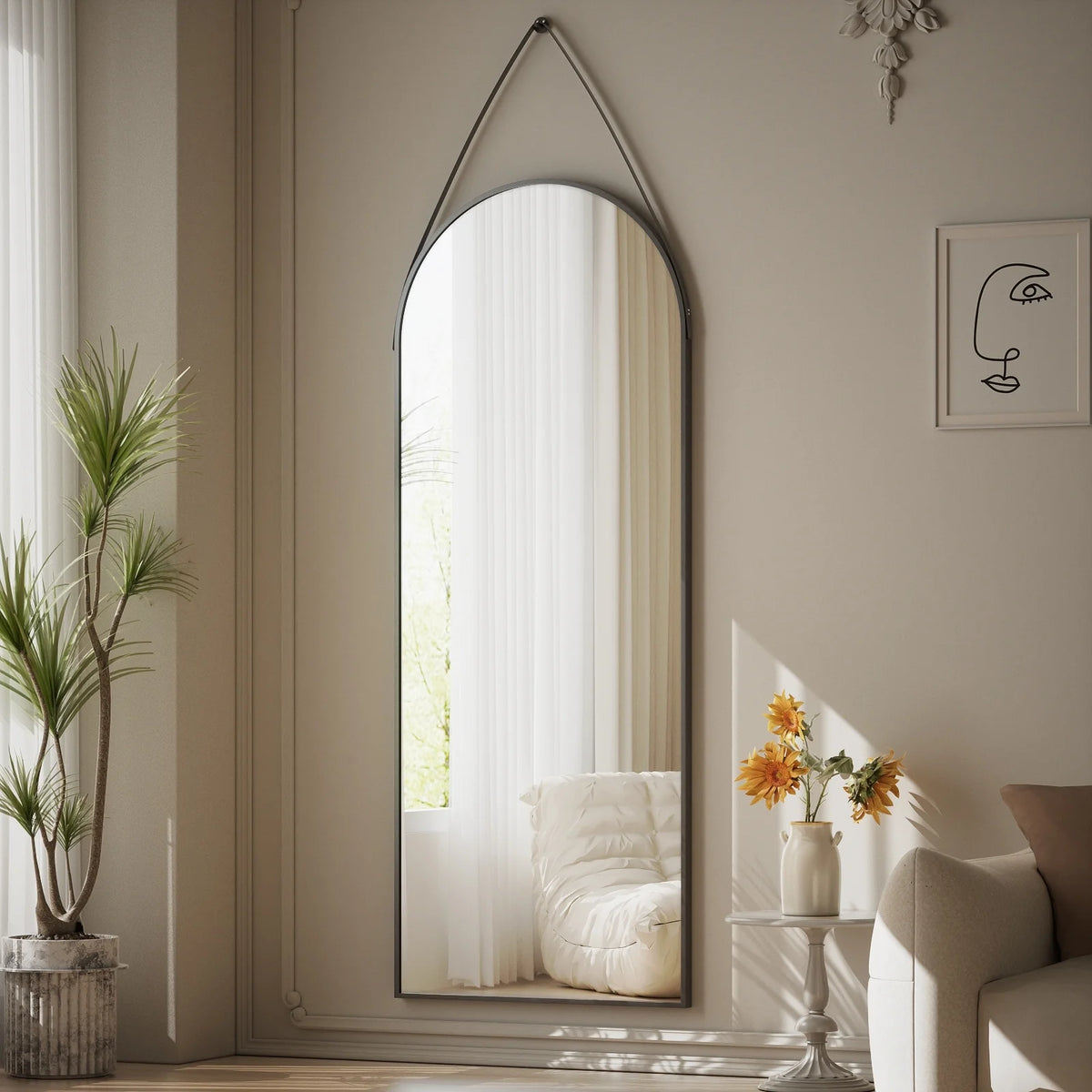 48 x 16 Inch Full Length Wall Mirror with Leather Strap, Hanging Full Body Mirror for Bedroom, Entryway and Home Decor