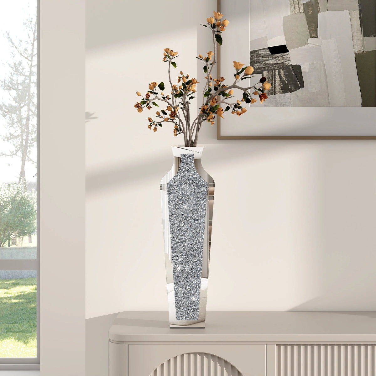 Tall Crushed Diamond Floor Vase, Luxury Decorative Crystal Accent Vase for Living Room, Bedroom and Home Decor