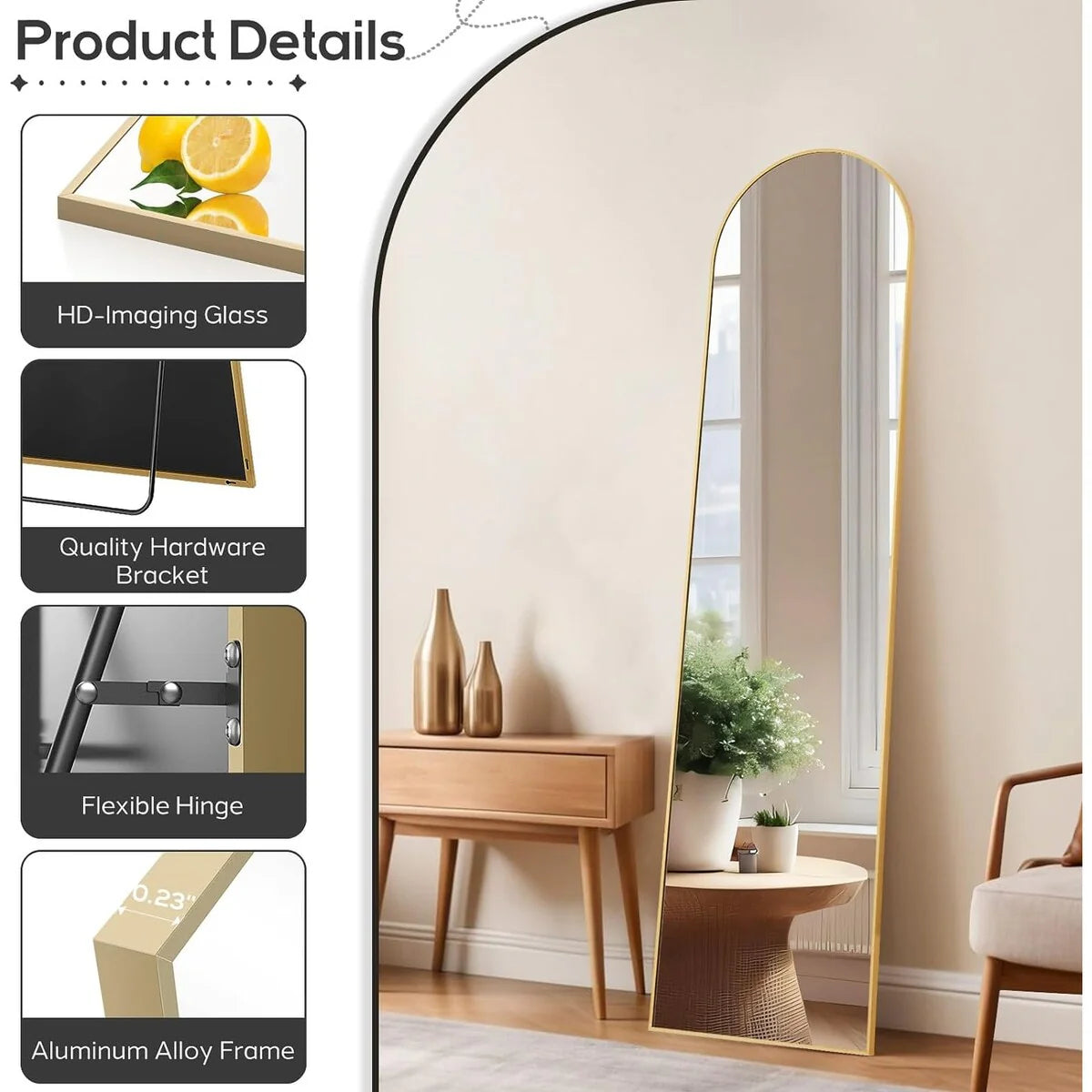 Full Length Mirror with Stand, Aluminum Alloy Frame Full Body Floor Mirror for Bedroom and Cloakroom