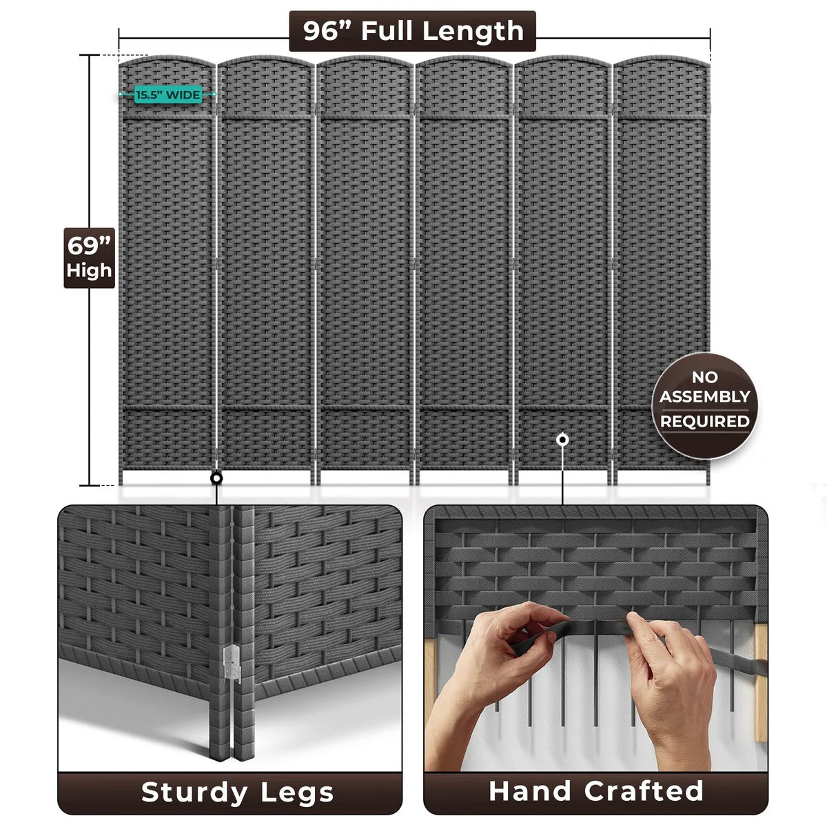 6 Panel Room Divider, 6ft Tall Extra Wide Folding Privacy Screen with Hand-Woven Mesh Panels