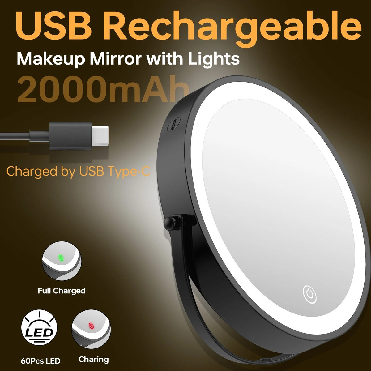 8 Inch Round Wall Mounted Makeup Mirror, Rechargeable, 1X/10X Magnification, 3-Color LED Lights