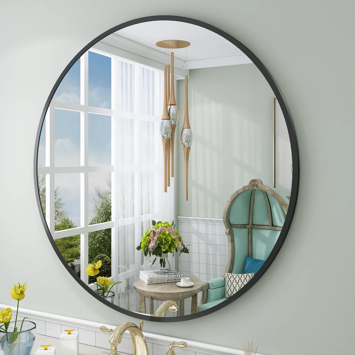 Round Metal Black Frame Bathroom Vanity Mirror, Wall Mounted Decorative Mirror