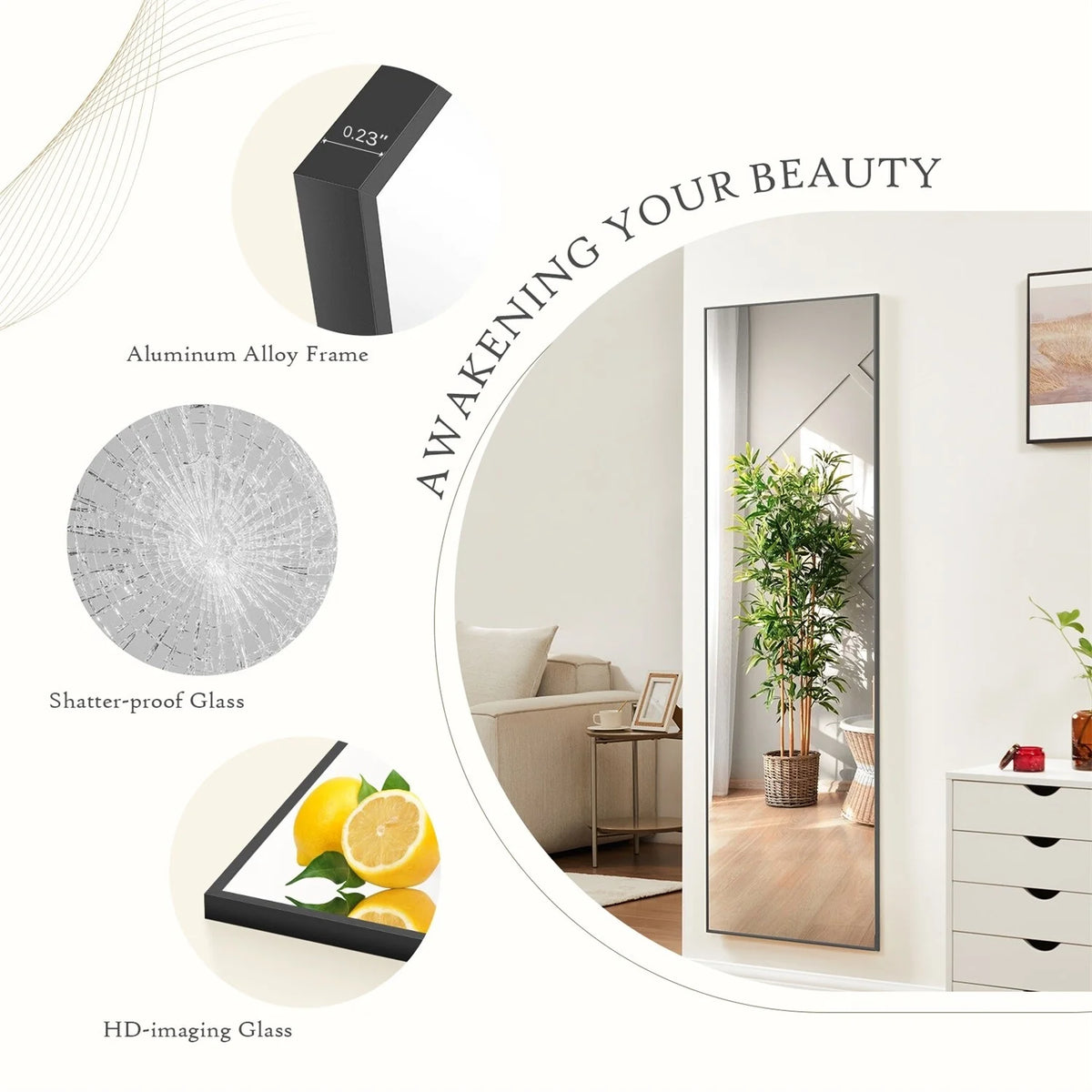 Full Length Mirror with Stand, Aluminum Alloy Frame Full Body Floor Mirror for Bedroom and Cloakroom