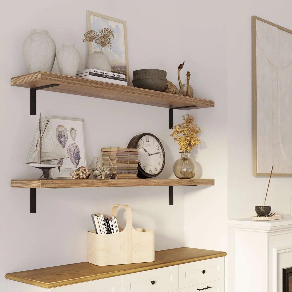 60 Inch Rustic Floating Wall Shelves, 2 Piece Burnt Wood Display and Storage Shelves