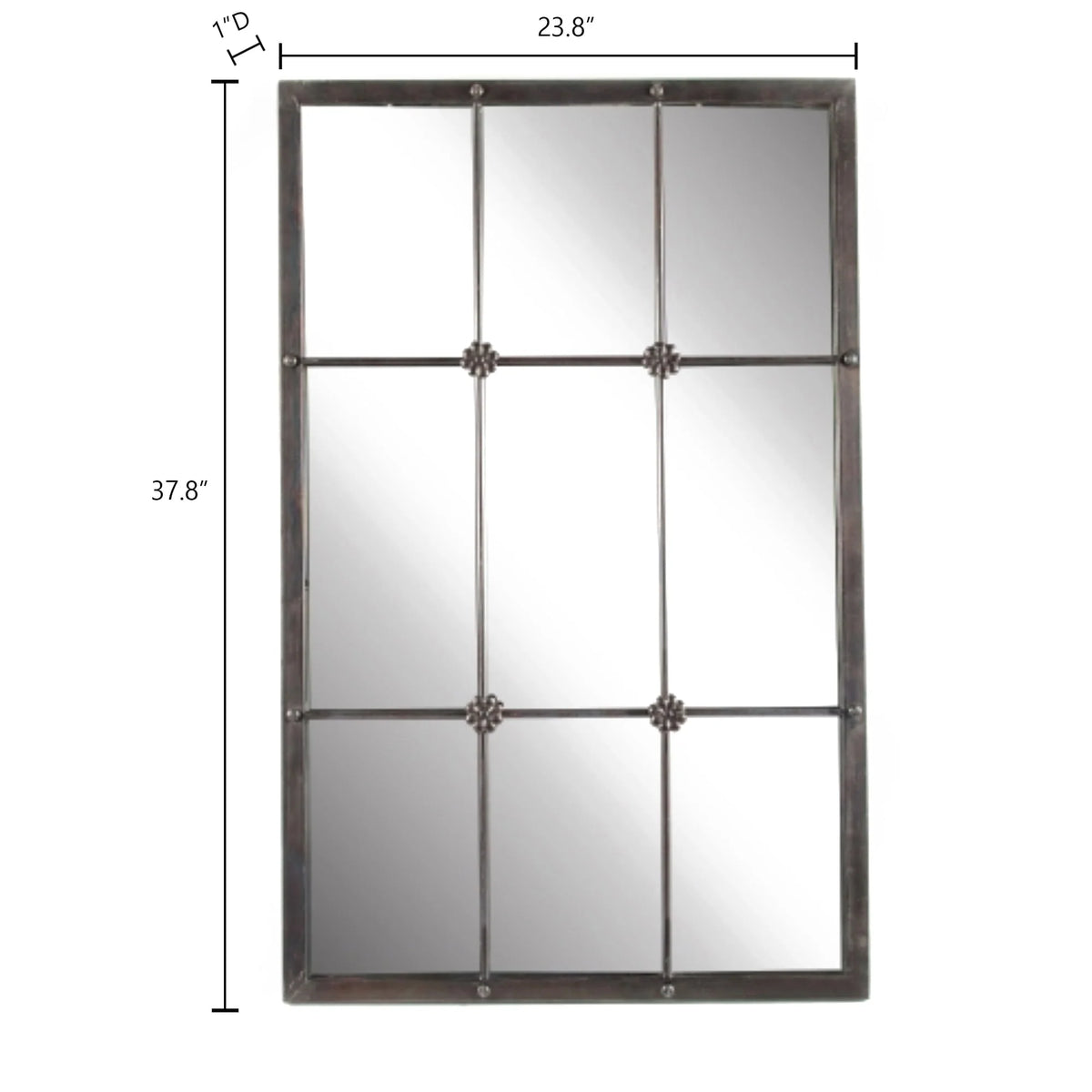 Rustic Brown Windowpane Wall Mirror with Metal Frame, 37.75" H x 23.8" W
