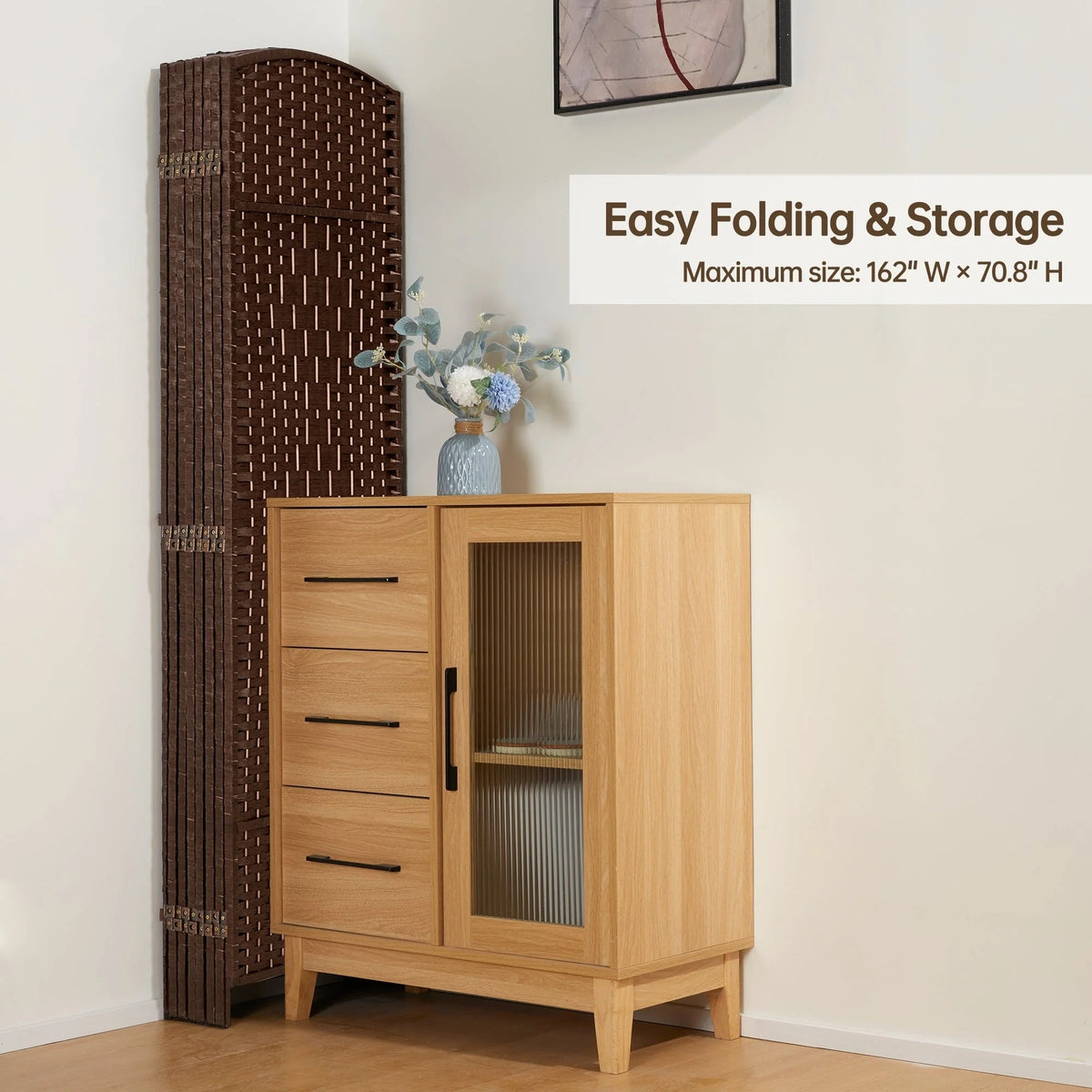 6 FT Tall Woven Fiber Room Divider, Freestanding Folding Privacy Screen