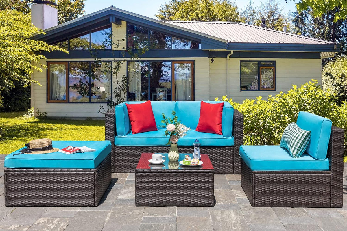 5-Piece All-Weather Patio Furniture Set with Ottoman, Outdoor Wicker Conversation Sofa Set with Cushions for Garden, Deck & Backyard