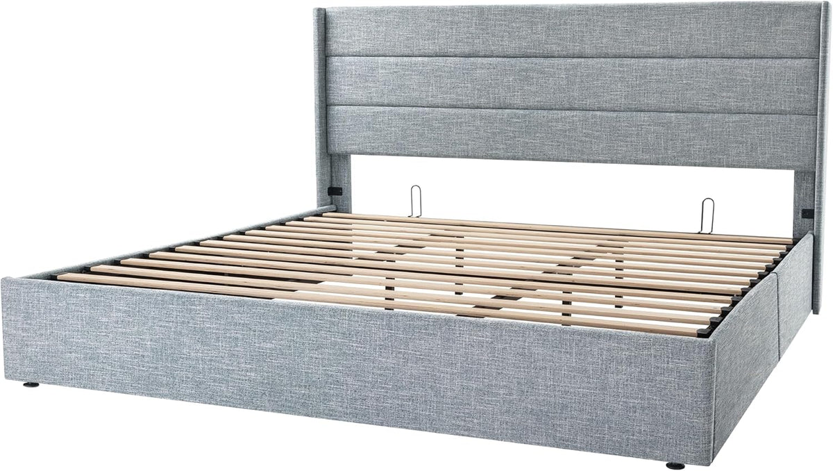 Queen Size Lift Up Storage Bed with Wingback Headboard, Upholstered Platform Bed Frame with Hidden Storage