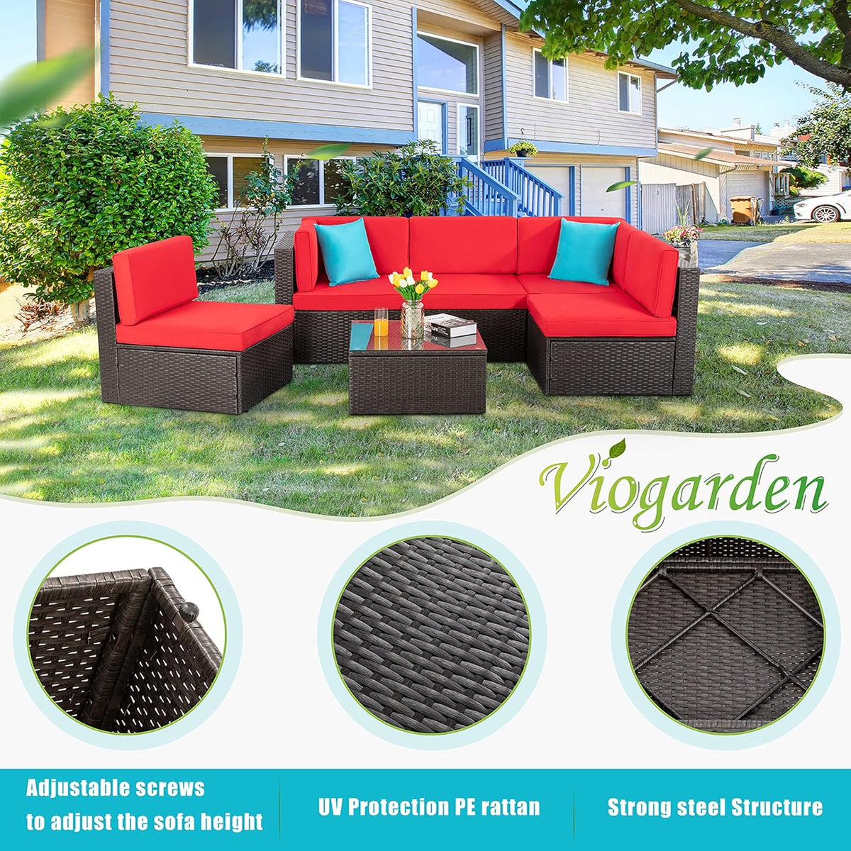 5-Piece All-Weather Patio Furniture Set with Ottoman, Outdoor Wicker Conversation Sofa Set with Cushions for Garden, Deck & Backyard