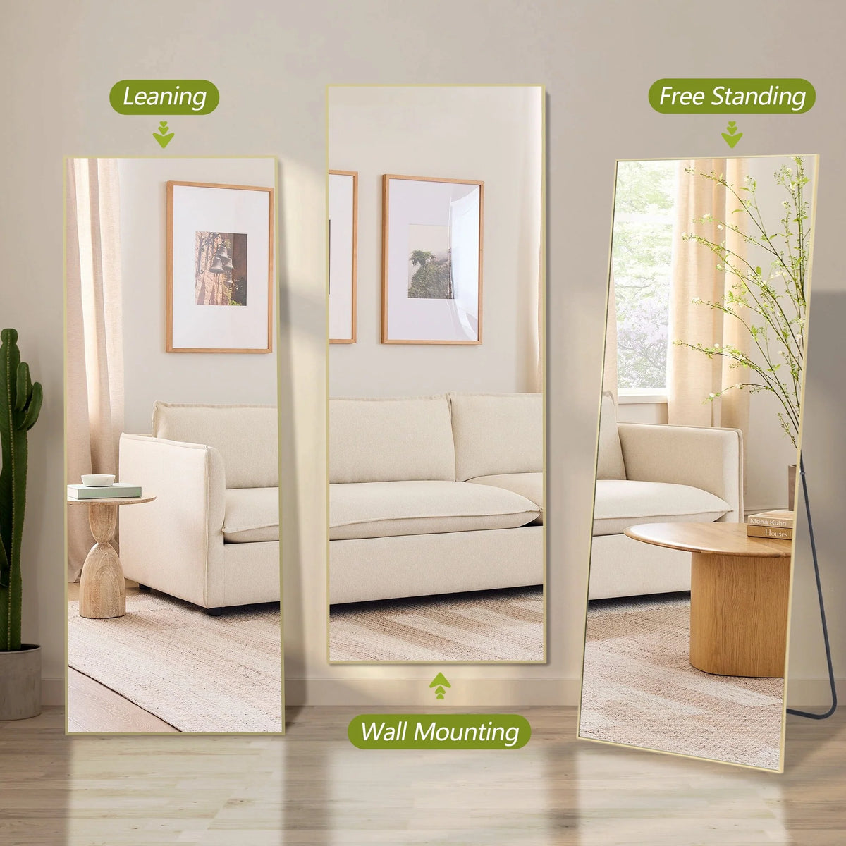 64x21 Full Length Floor Mirror, Large Full Body Aluminum Alloy Frame Standing Mirror with Stand and Wall Mount Option