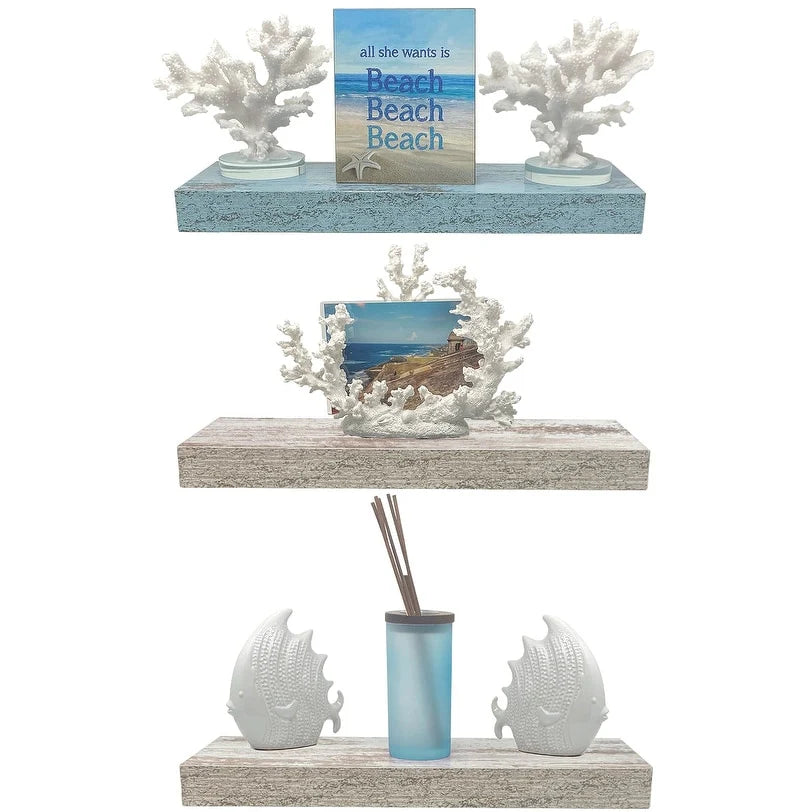 3-Pack Rustic Wood Floating Wall Shelves, Beach Style Hanging Display and Storage Shelves