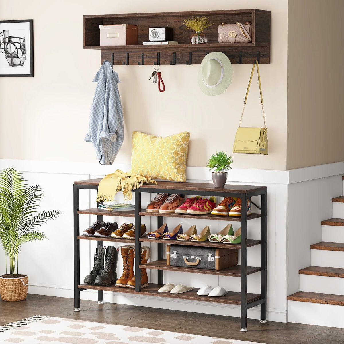 Entryway Coat Rack and Shoe Bench Set, Industrial Hall Tree with Coat and Shoe Storage