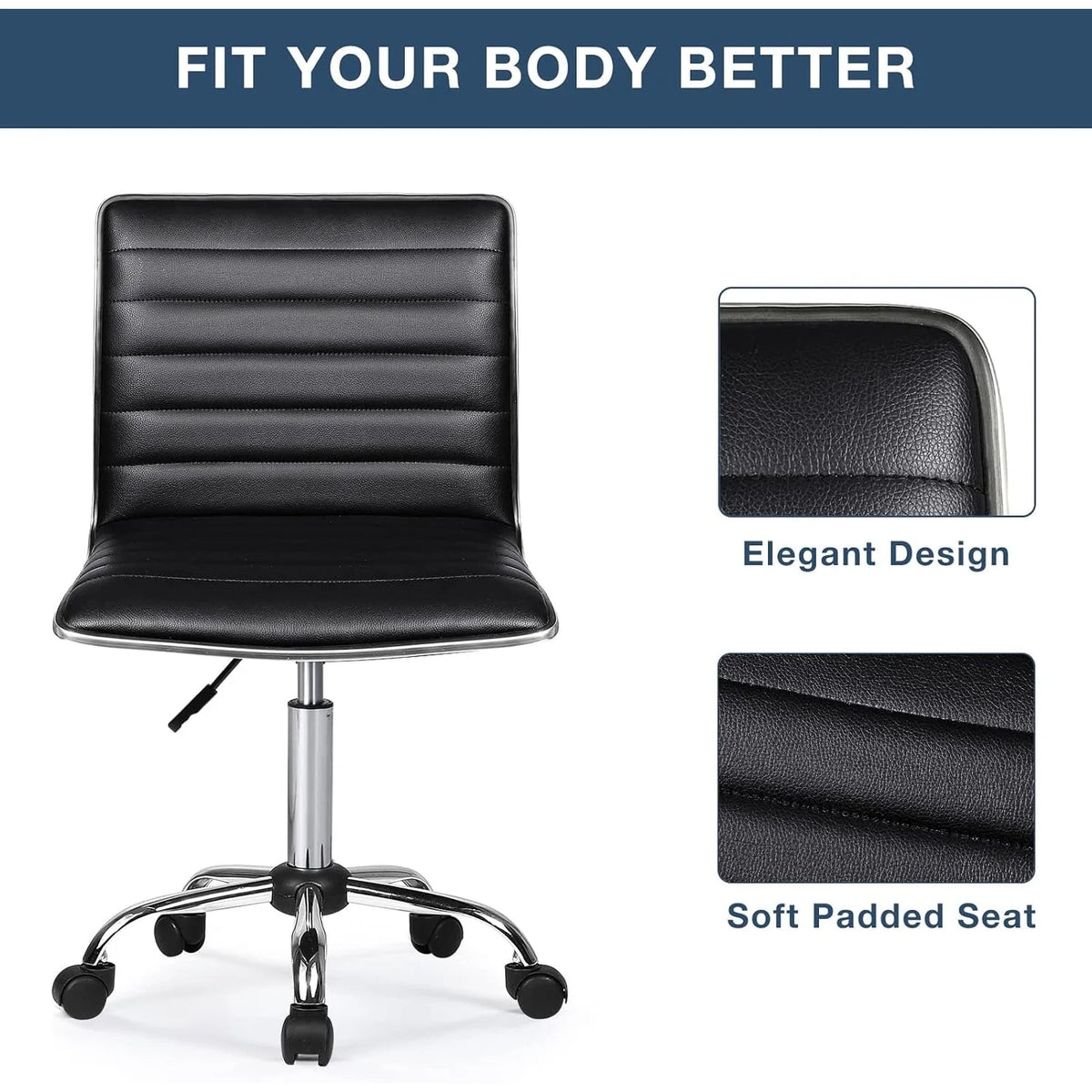 Adjustable Mid-Back Armless Swivel Office Chair, Ribbed Task and Vanity Chair for Small Spaces