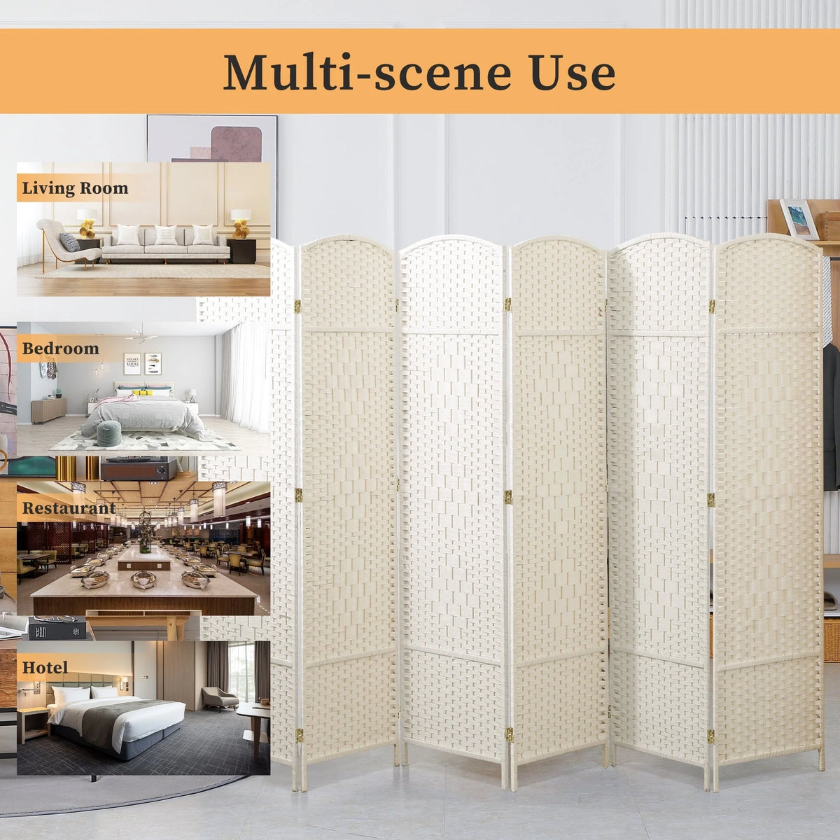6 FT Tall Woven Fiber Room Divider, Freestanding Folding Privacy Screen
