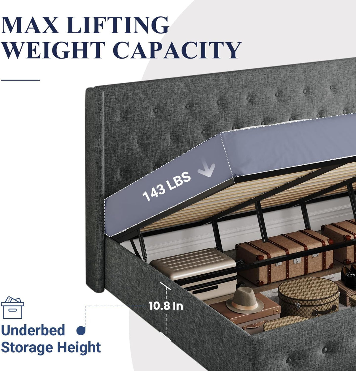 Queen Size Lift Up Storage Bed with Wingback Headboard, Upholstered Platform Bed Frame with Hidden Storage