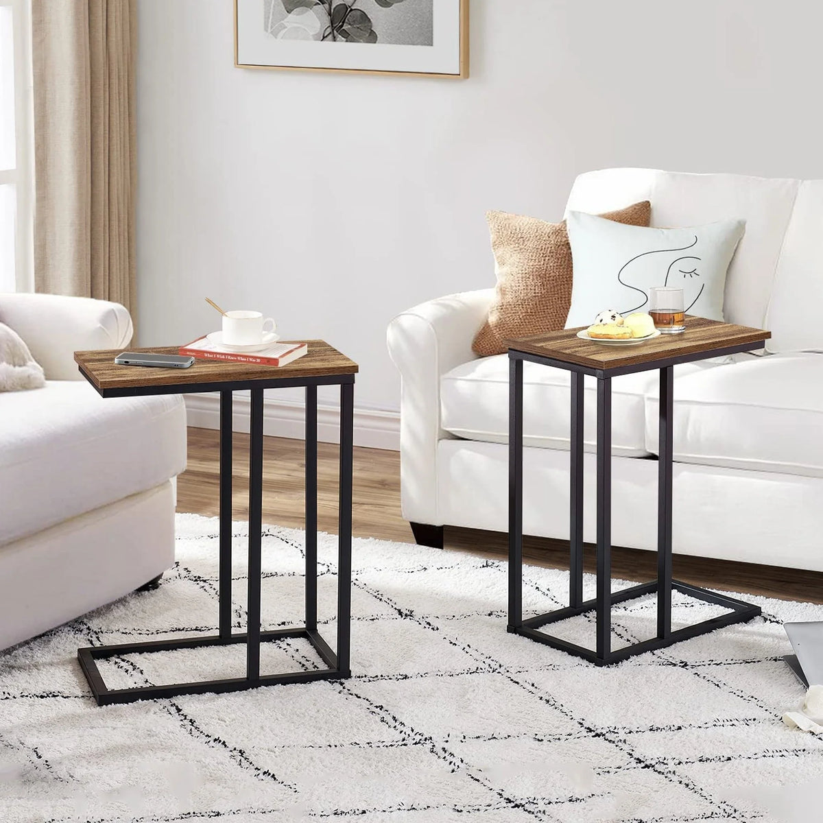 Set of 2 C-Shaped Sofa Side Tables, Small End Tables for Living Room, Bedside and TV Tray