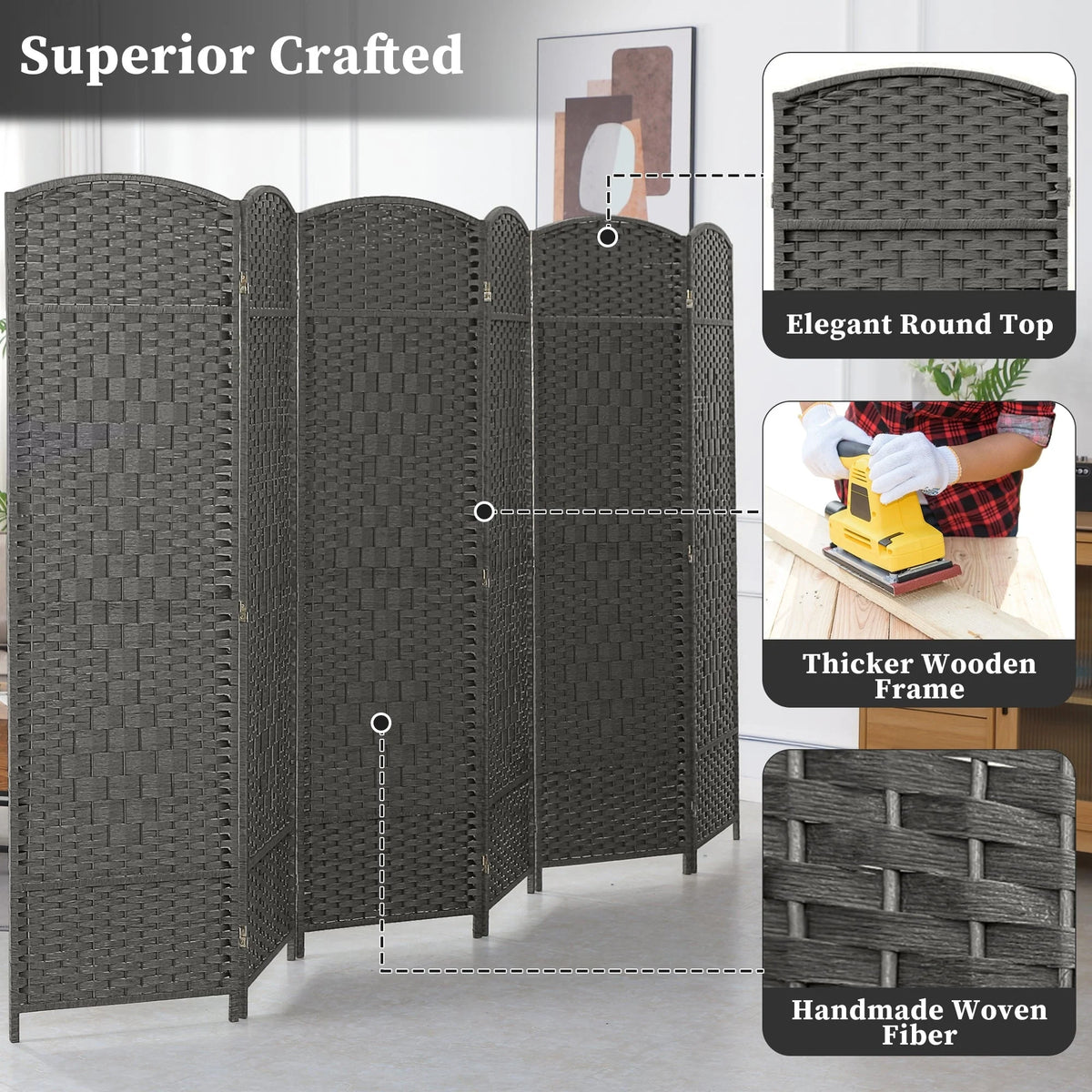 6 FT Tall Woven Fiber Room Divider, Freestanding Folding Privacy Screen