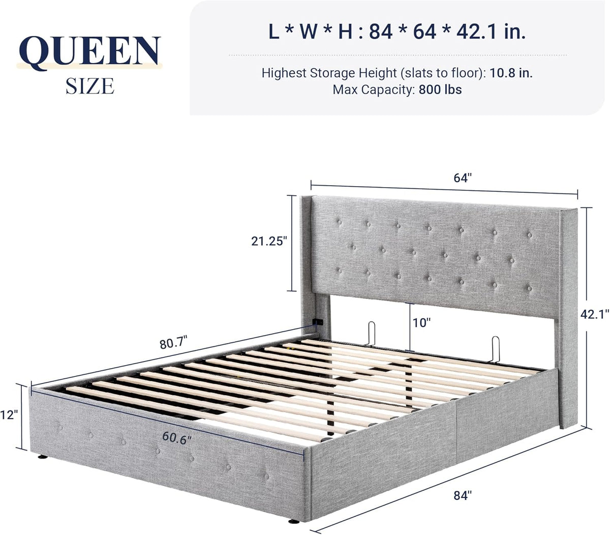 Queen Size Lift Up Storage Bed with Wingback Headboard, Upholstered Platform Bed Frame with Hidden Storage