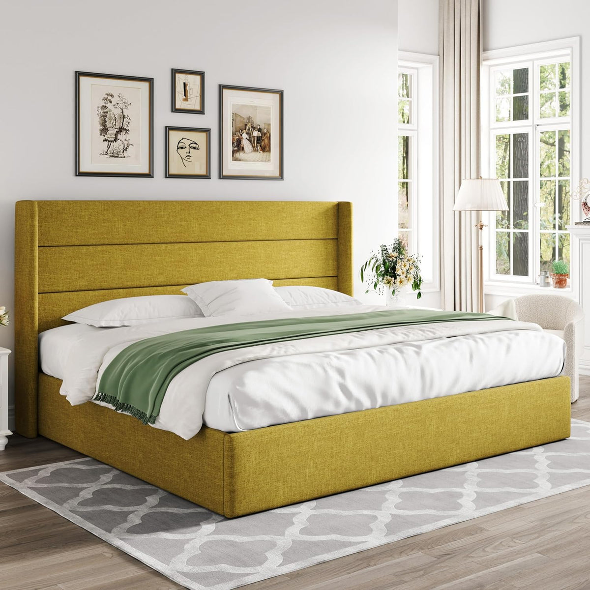 Queen Size Lift Up Storage Bed with Wingback Headboard, Upholstered Platform Bed Frame with Hidden Storage