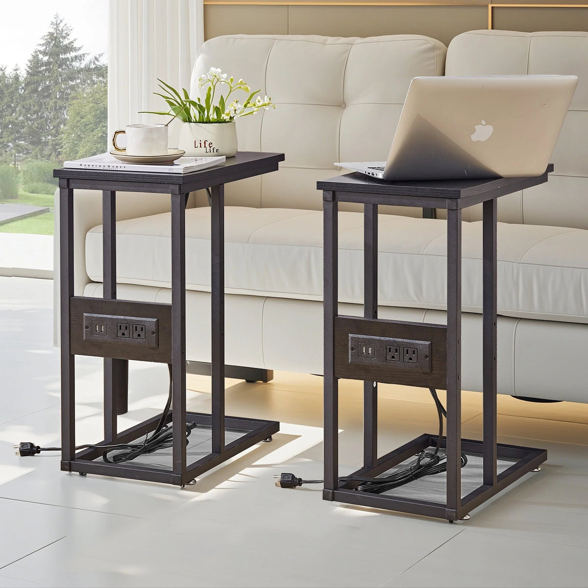 Set of 2 C-Shaped Sofa Side Tables, Small End Tables for Living Room, Bedside and TV Tray
