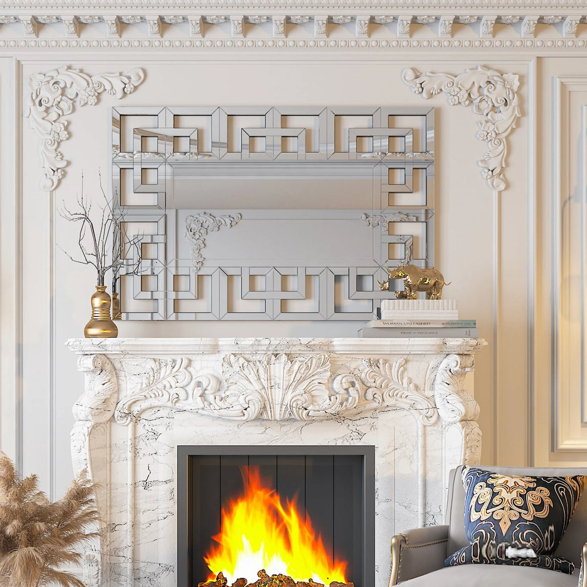 Large Silver Geometric Wall Mirror, Modern Decorative Accent Mirror for Living Room, Bedroom and Entryway