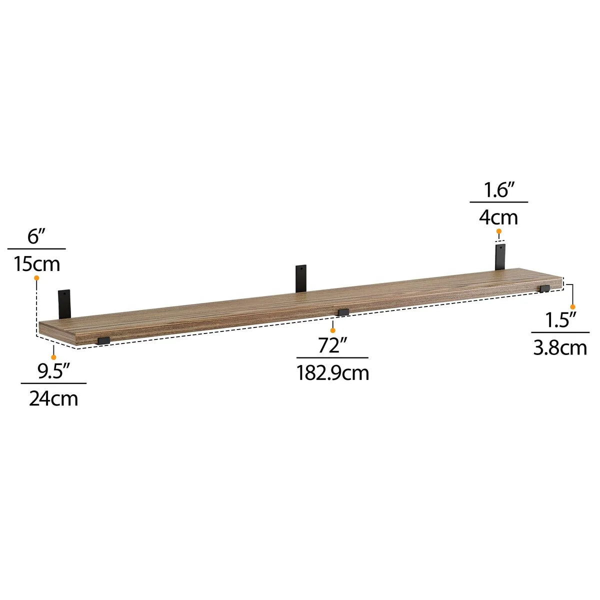 72 Inch Floating Wood Wall Shelves, Set of 3 Burnt Wood Display and Storage Shelves for Home Decor