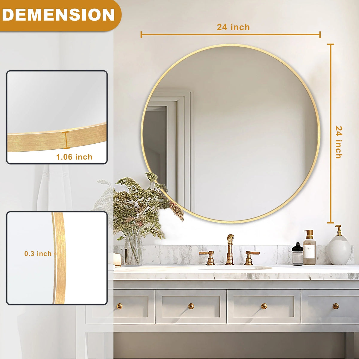 Modern Round Bathroom Vanity Mirror, Wall Mounted Circular Mirror for Bathroom, Bedroom and Home Decor
