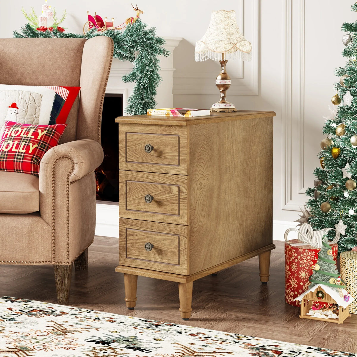 Fully Assembled Narrow End Table, Solid Wood Side Table with 3 Drawers, Vintage Nightstand for Small Spaces
