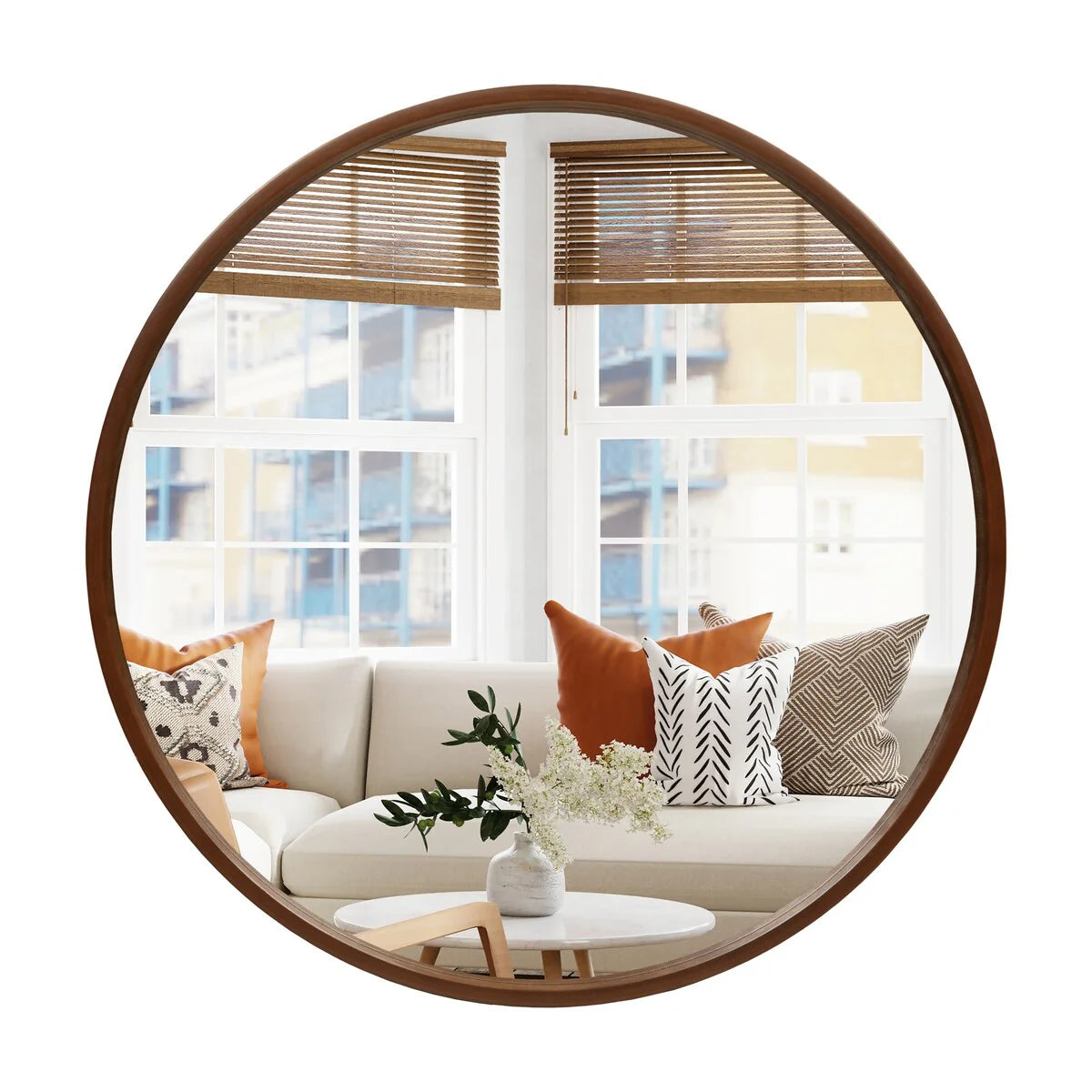 Classic Farmhouse Round Wall Mirror, Wooden Frame Decorative Accent Mirror for Living Room, Bedroom and Entryway