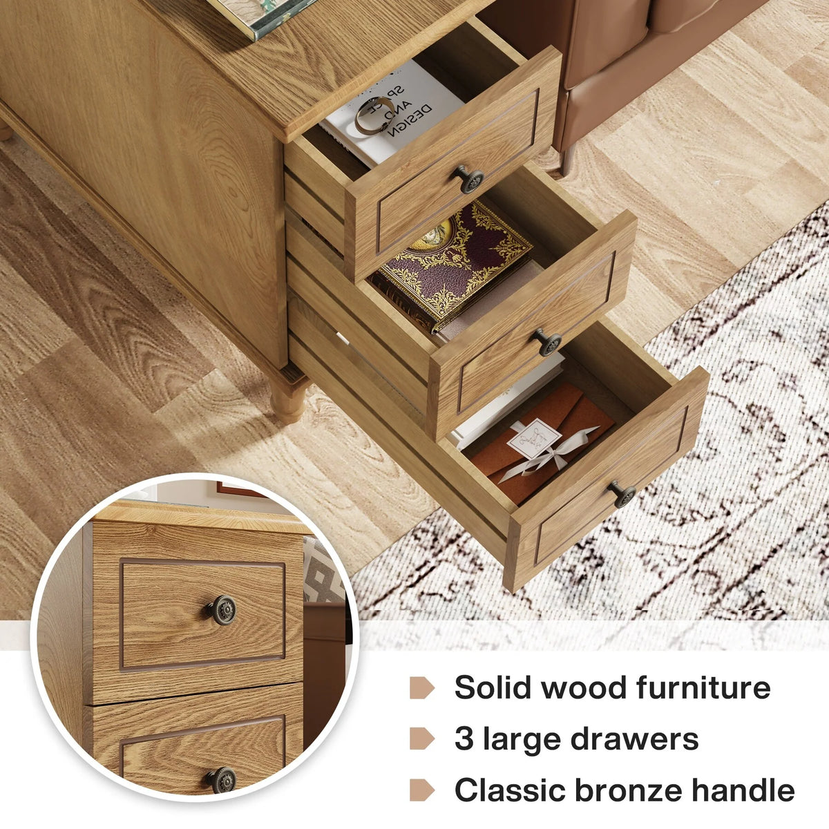 Fully Assembled Narrow End Table, Solid Wood Side Table with 3 Drawers, Vintage Nightstand for Small Spaces