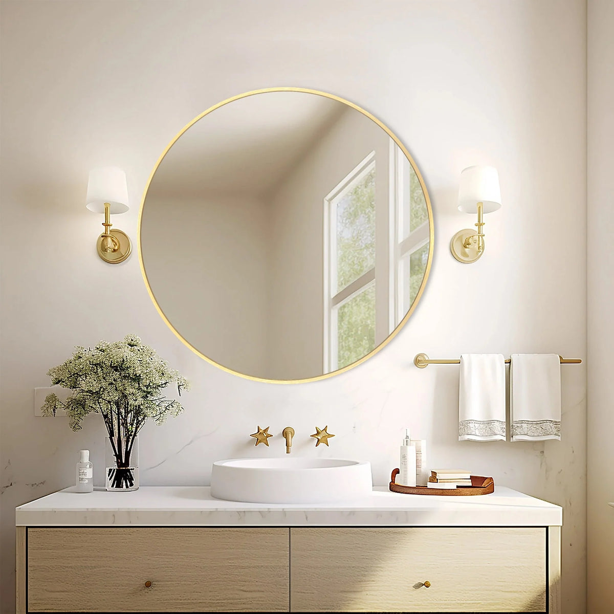 Modern Round Bathroom Vanity Mirror, Wall Mounted Circular Mirror for Bathroom, Bedroom and Home Decor