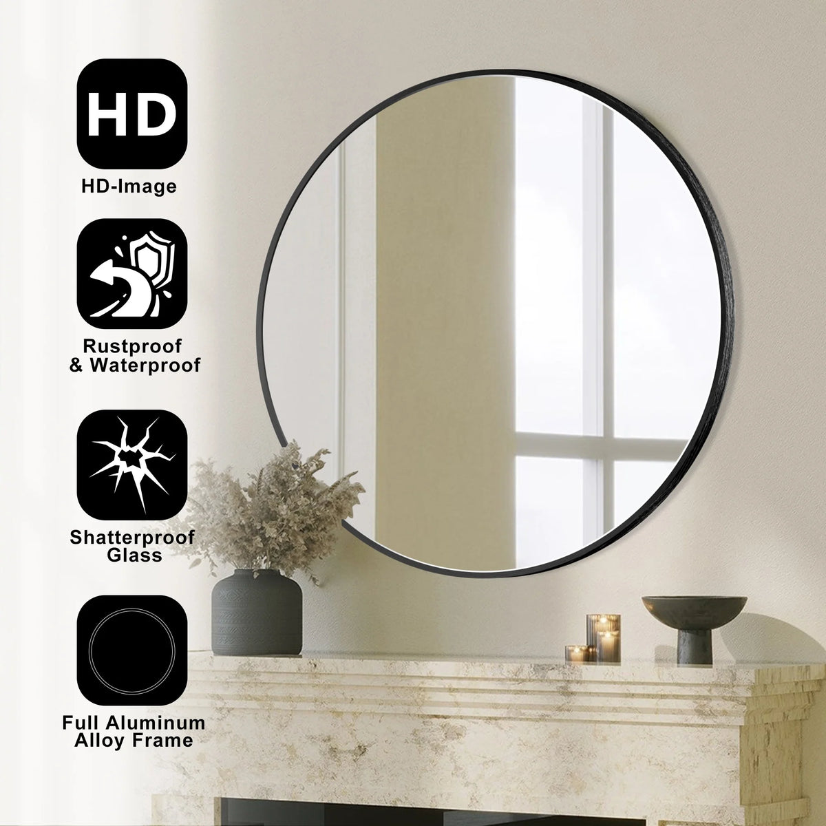 Modern Round Bathroom Vanity Mirror, Wall Mounted Circular Mirror for Bathroom, Bedroom and Home Decor
