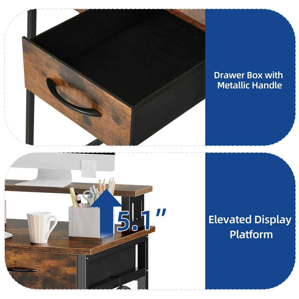 Small Computer Desk with Fabric Drawers and Monitor Stand, Compact Home Office Workstation for Small Spaces