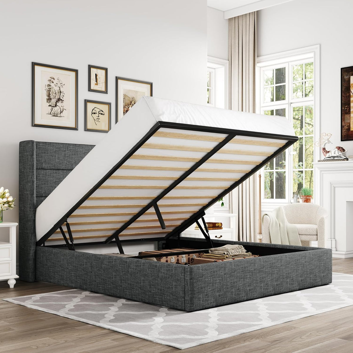 Queen Size Lift Up Storage Bed with Wingback Headboard, Upholstered Platform Bed Frame with Hidden Storage