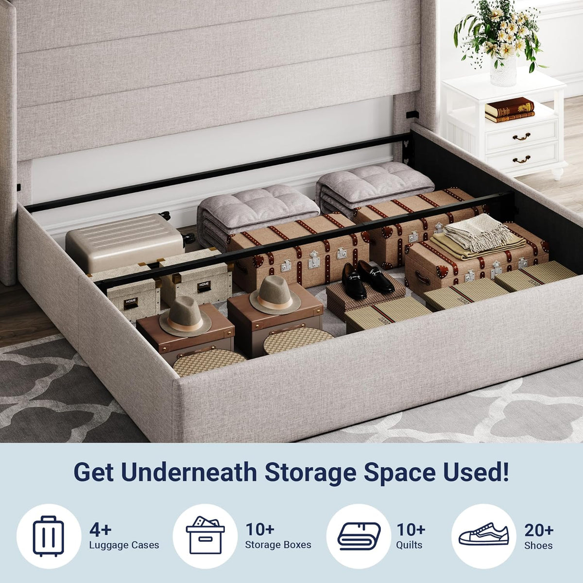 Queen Size Lift Up Storage Bed with Wingback Headboard, Upholstered Platform Bed Frame with Hidden Storage