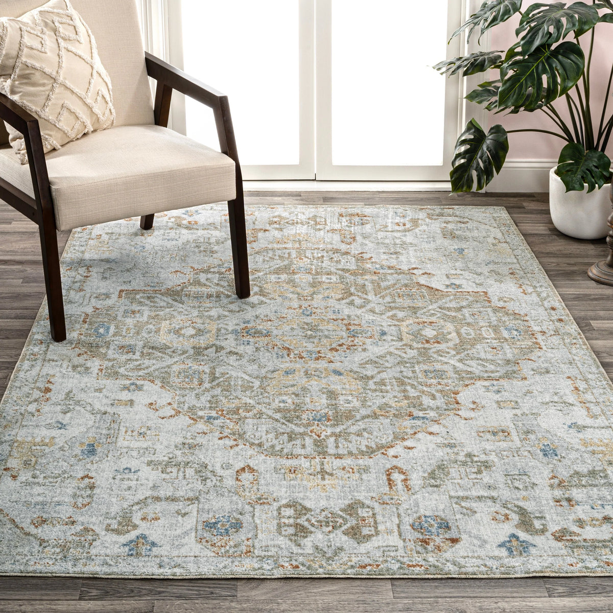 Bohemian Medallion Low-Pile Machine-Washable Area Rug, Cream and Terra