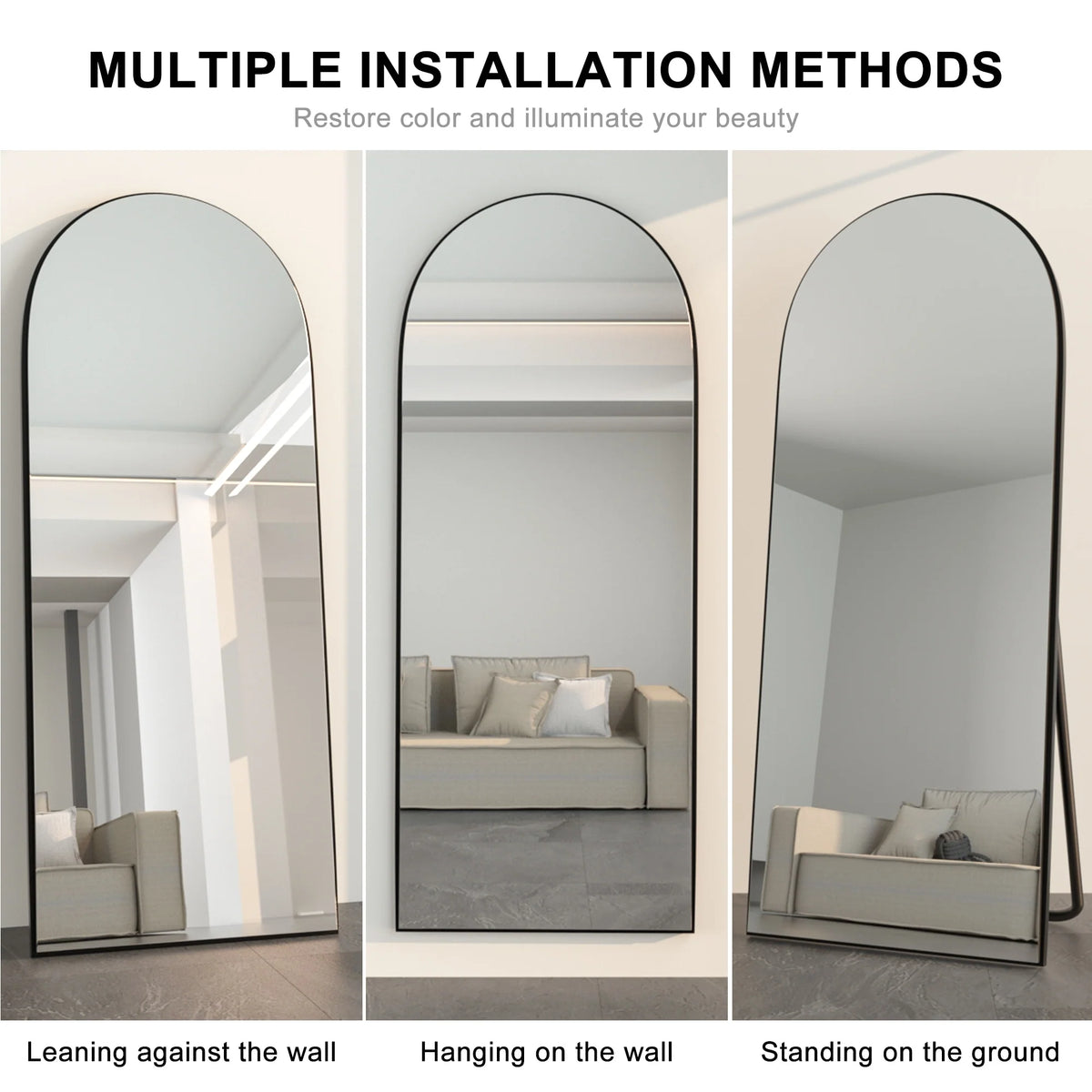 Arched Full Length Wood Floor Mirror, Full Body Standing and Wall Mounted Mirror for Bedroom, Living Room and Home Decor