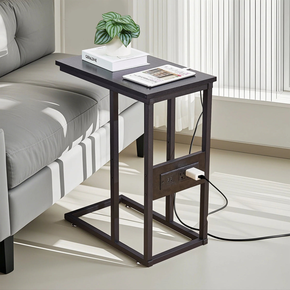 Set of 2 C-Shaped Sofa Side Tables, Small End Tables for Living Room, Bedside and TV Tray