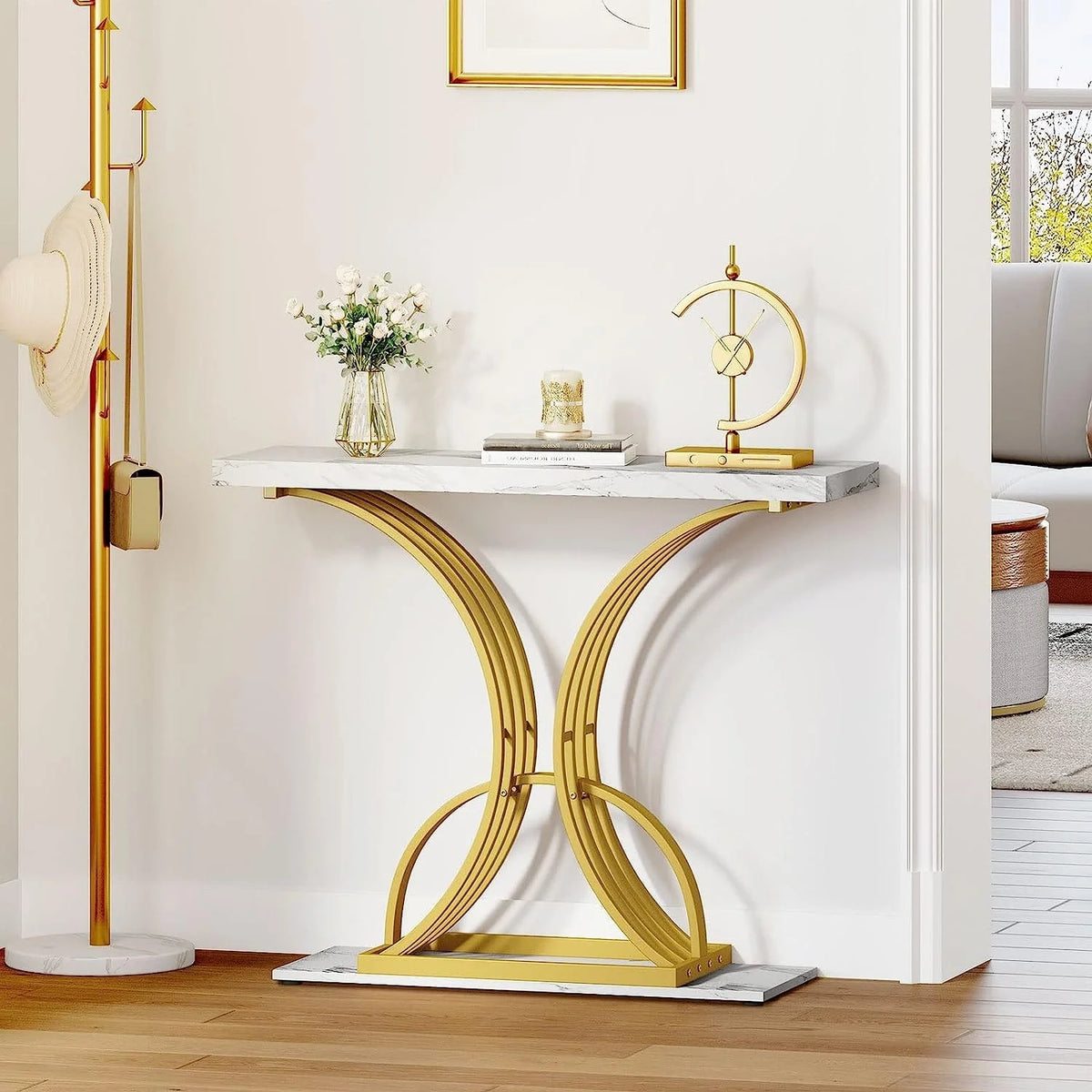 Modern Gold Console Table with Marbled Top, Sofa Table for Entryway and Hallway