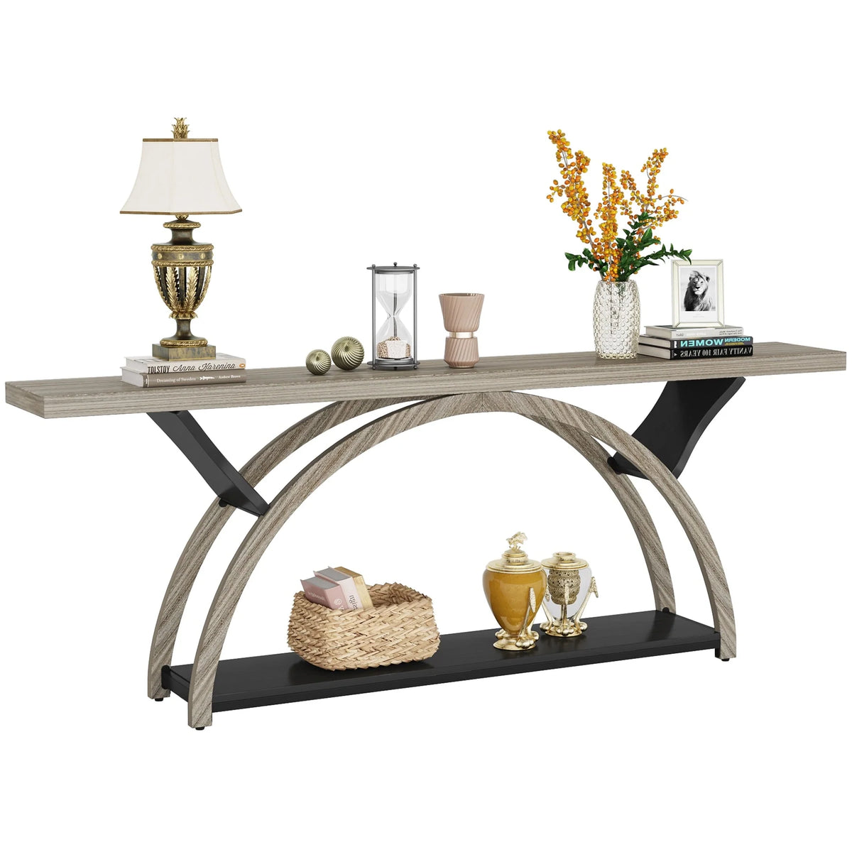Gray 2-Tier Slim Console Sofa Table, Semi-Circular Metal Frame for Hallway
