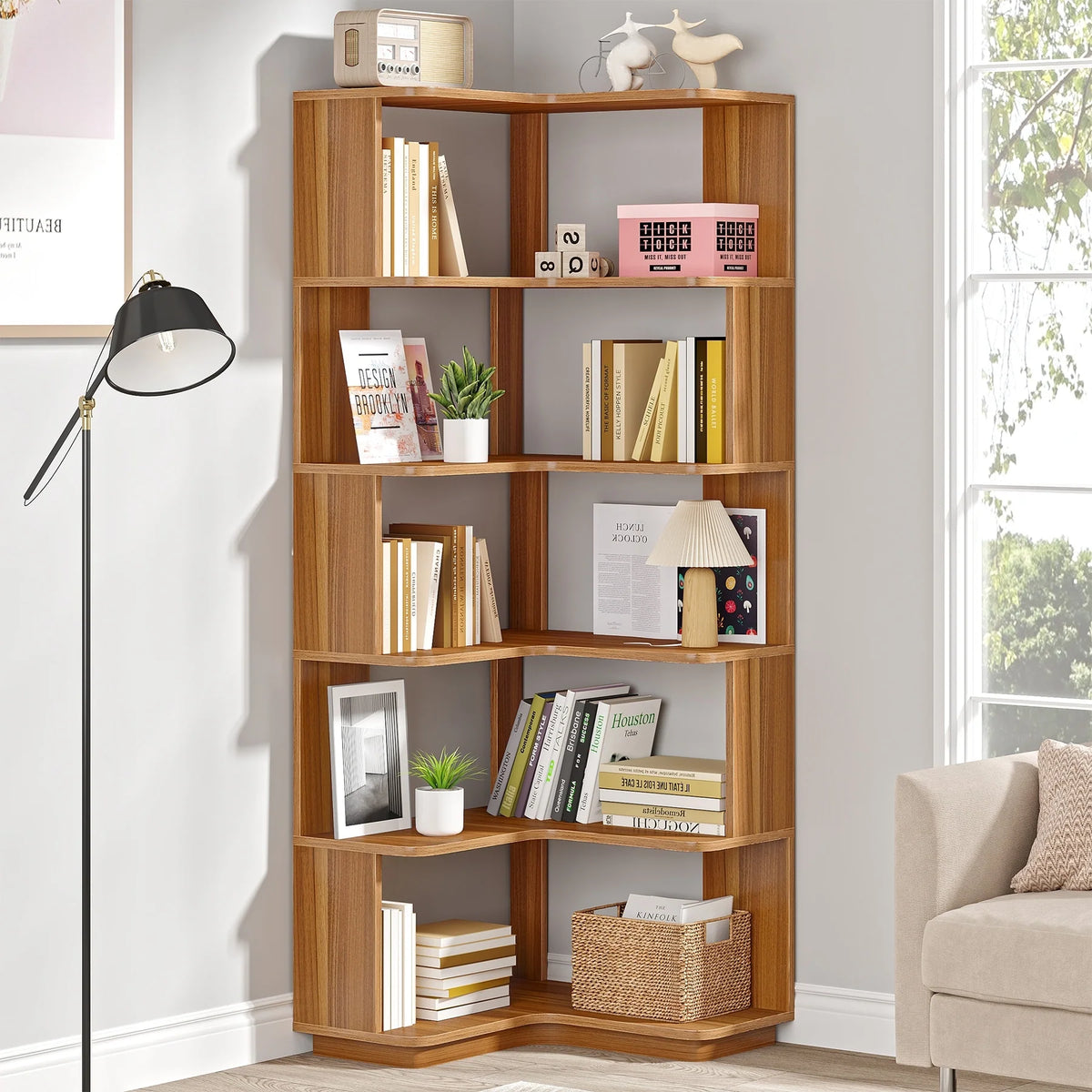 64.9 Inch Tall 6-Tier Corner Bookshelf, Freestanding Wood Industrial Bookcase