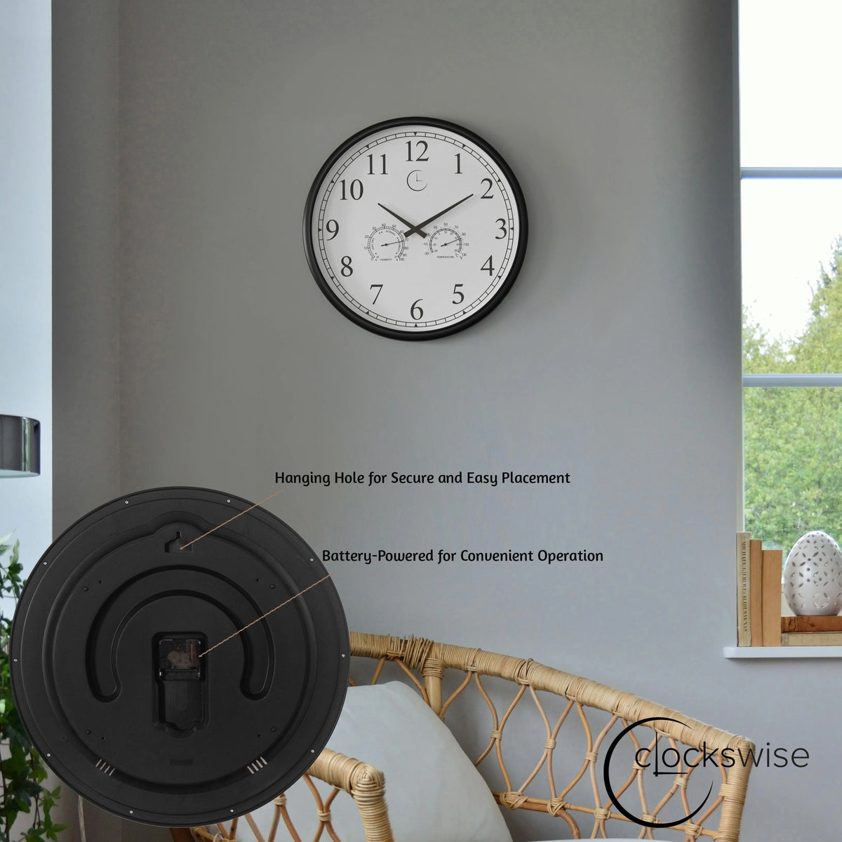 Large Outdoor Wall Clock with Thermometer, Waterproof Silent Garden Weather Station, Black