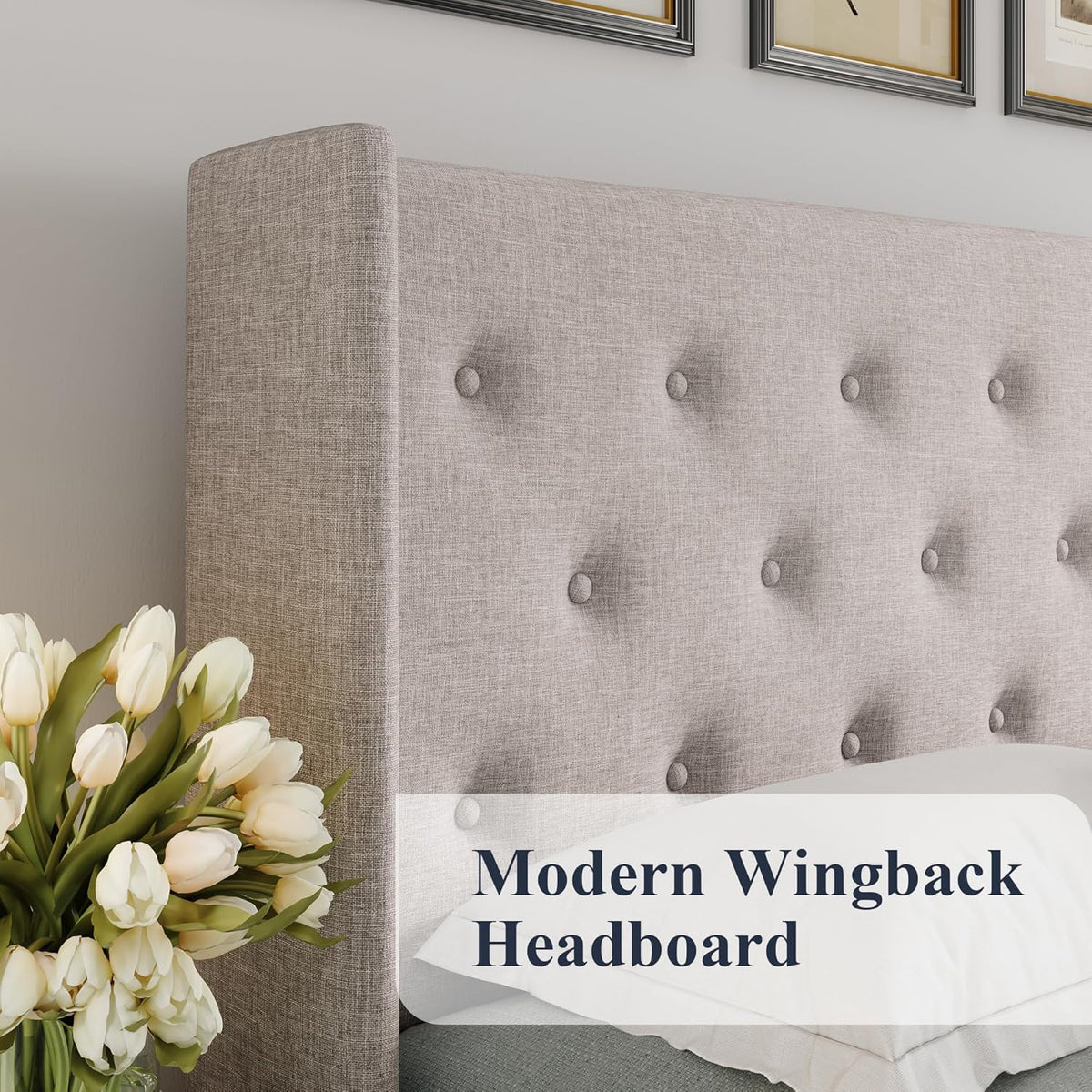 Queen Size Lift Up Storage Bed with Wingback Headboard, Upholstered Platform Bed Frame with Hidden Storage