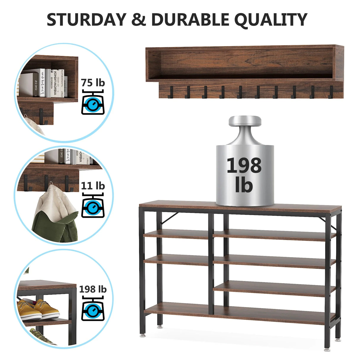 Entryway Coat Rack and Shoe Bench Set, Industrial Hall Tree with Coat and Shoe Storage