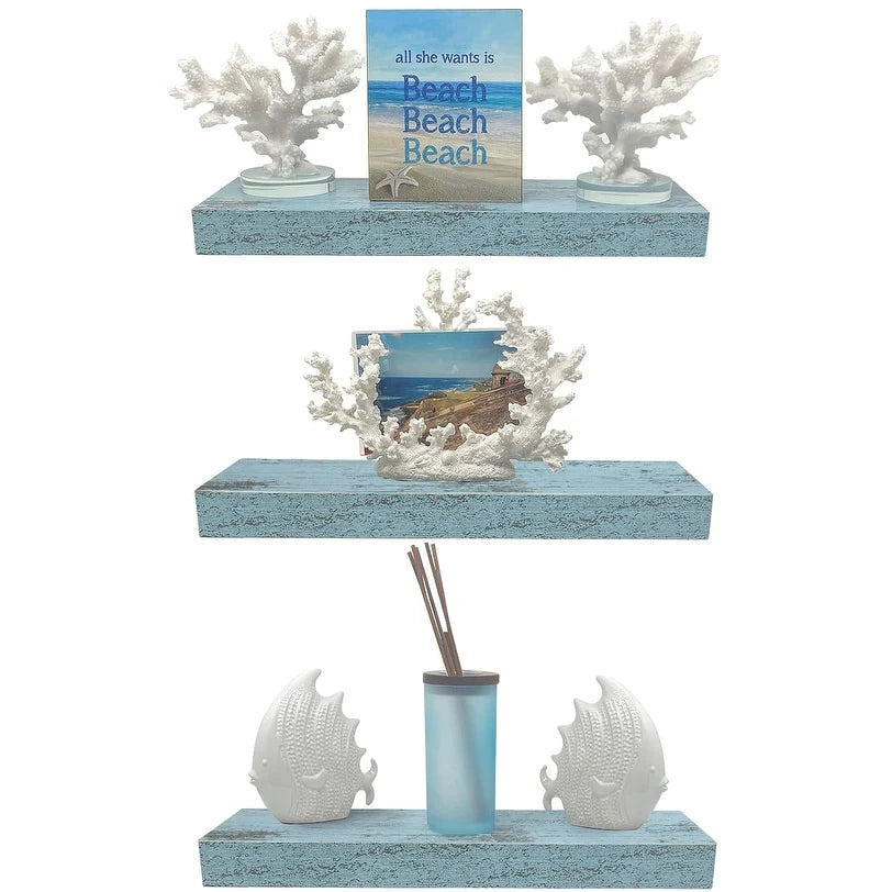 3-Pack Rustic Wood Floating Wall Shelves, Beach Style Hanging Display and Storage Shelves