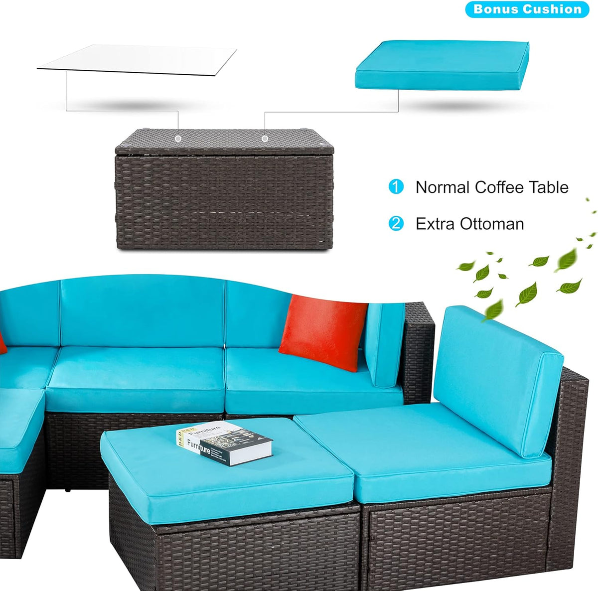 5-Piece All-Weather Patio Furniture Set with Ottoman, Outdoor Wicker Conversation Sofa Set with Cushions for Garden, Deck & Backyard