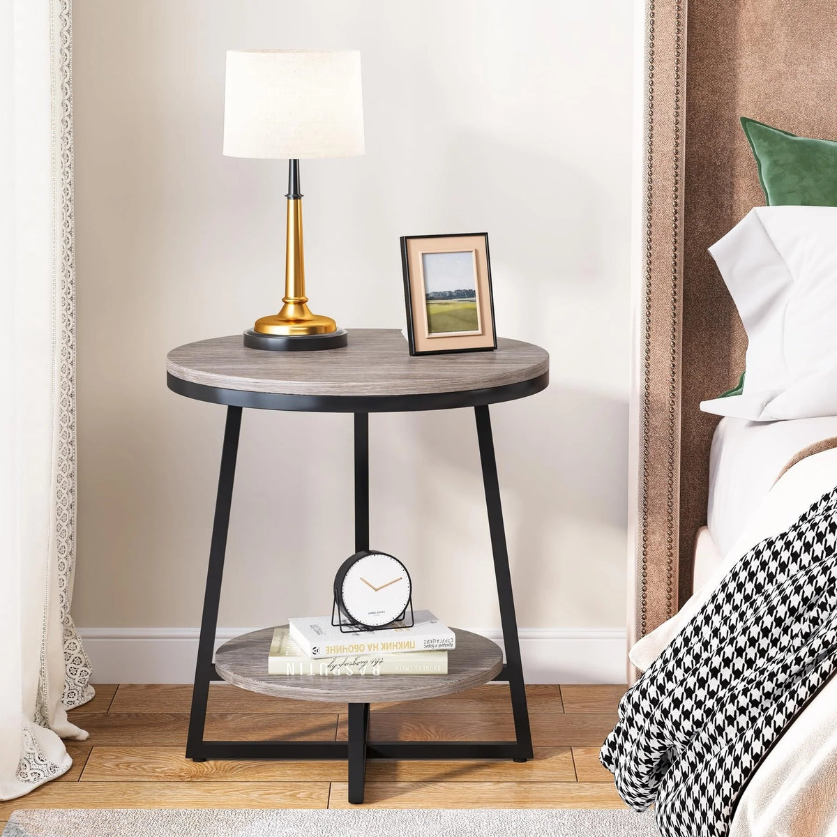 Industrial Round End Table, Small Side Table and Accent Coffee Table for Living Room and Bedroom